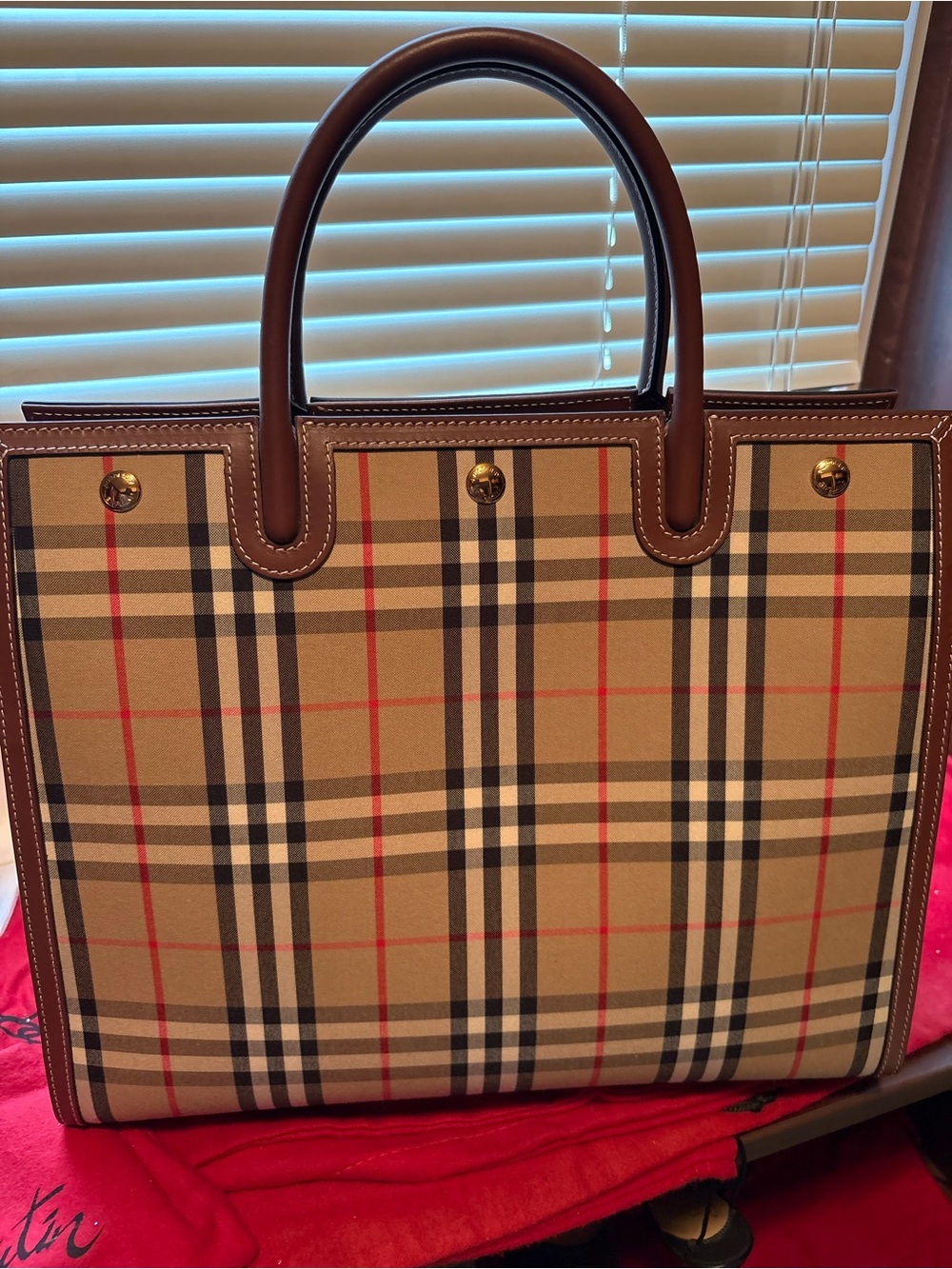 Burberry Beige Black Red Plaid Canvas Tote with Brown Leather Trim
